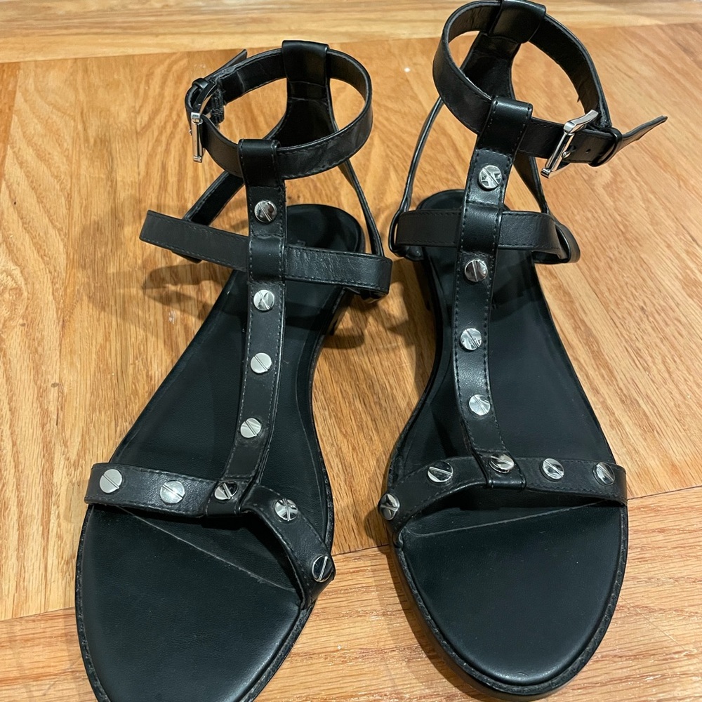 Rebecca Minkoff black leather gladiator sandal with silver studded hardware